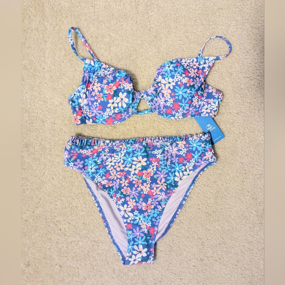 NWT Cupshe Wedding Underwire Top & High Waist Cheeky Blue Floral Bikini Set